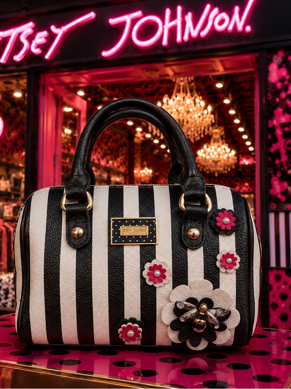 Betsey Johnson Tea Rose Black and White Striped Satchel